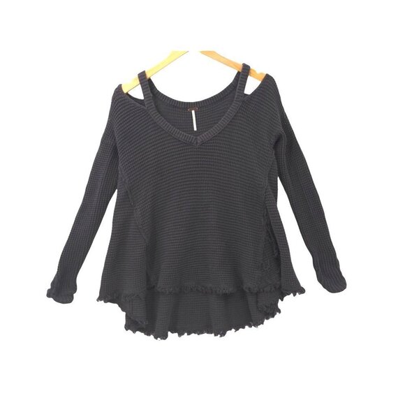 Free People Waffle‎ Knit Cold Shoulder Sweater Gray Asymmetrical Pullover XS - Picture 4 of 10